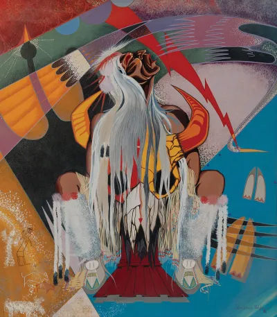 A painting of an Indigenous man in a swirling background.