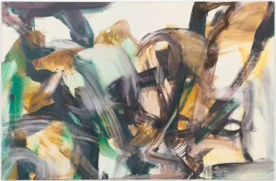 An abstract painting with strokes of green, black, and ochre.