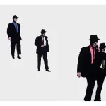 A painting of four men in suits on a white ground.
