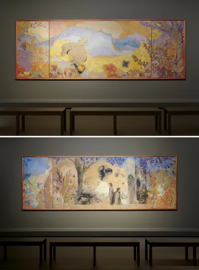 View of two large, three-panel murals showing a day scene and a night scene. 