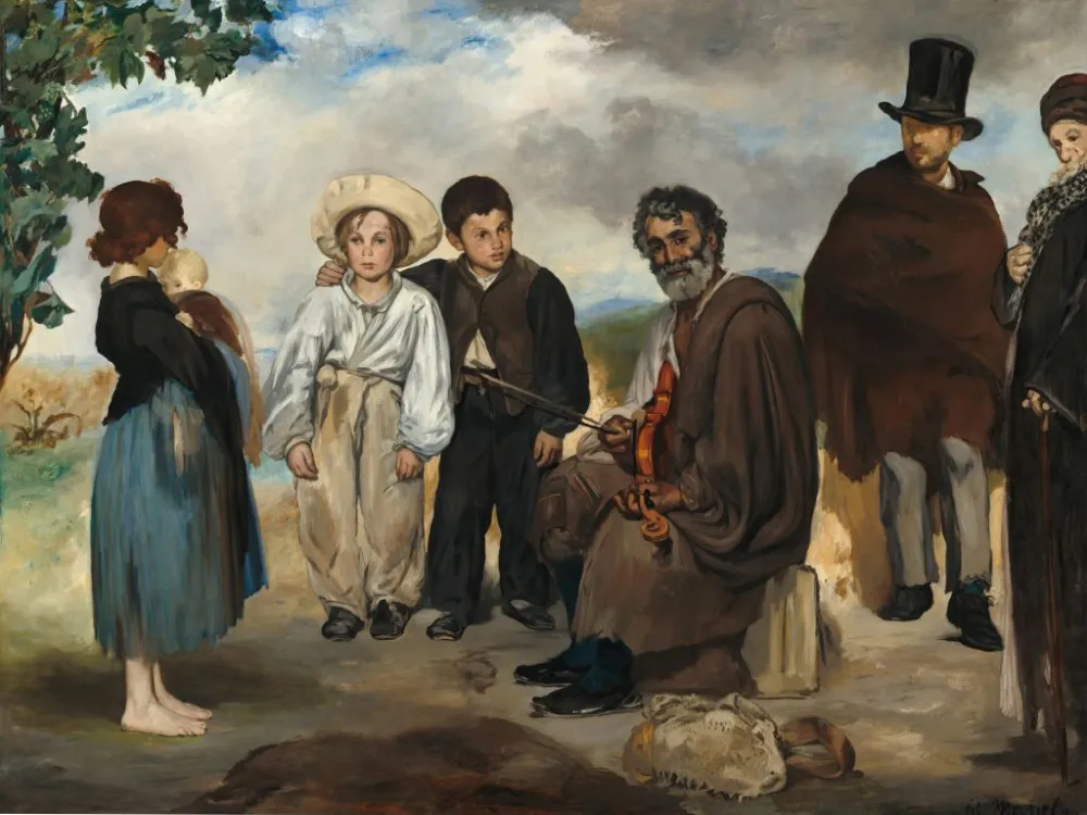 Édouard Manet’s 1862 painting The Old Musician, showing a seated musician surrounded by several figures, including a young girl at left.