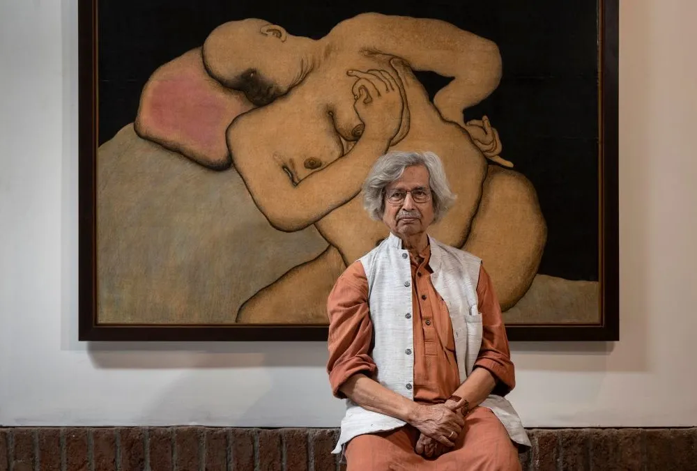 MUMBAI, INDIA - NOVEMBER 4: Artist Jogen Chowdhury pose for the photos near the painting at Snowball Studios, Worli on November 4, 2023 in Mumbai, India. (Photo by Satish Bate/Hindustan Times via Getty Images)