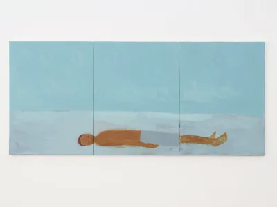 A three-panel painting of a man laying shirtless against a blue background.