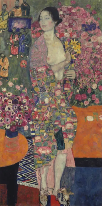 an elaborately patterned painting of a woman in a robe that is open and slightly exposes her breasts.