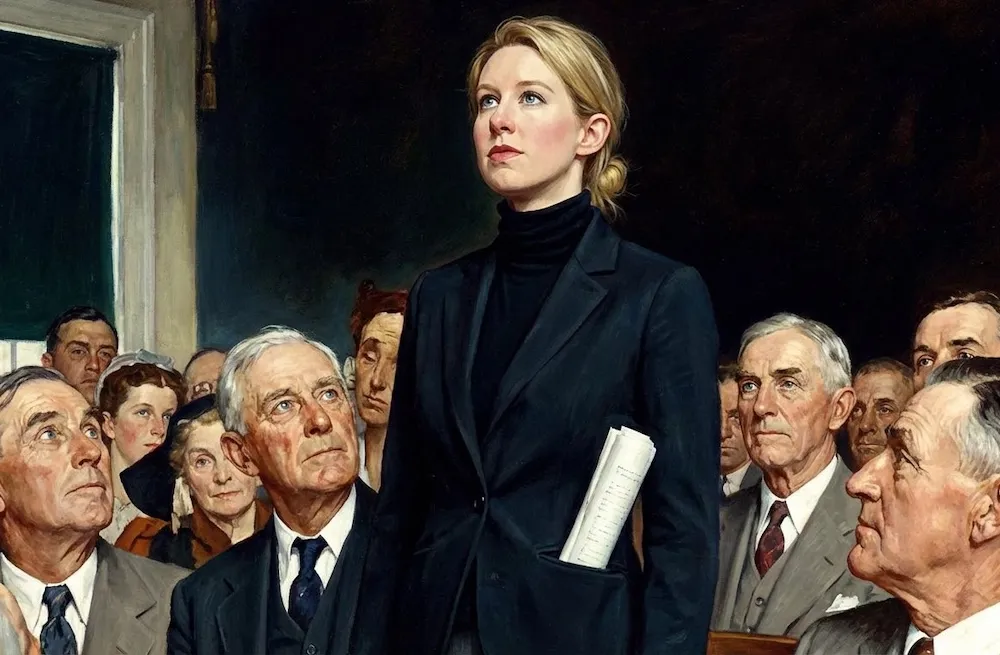 An image of a woman in a black turtleneck standing with her eyes upraised. A crowd of men looks on.
