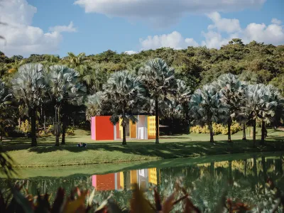 A colorful structure in the landscape.