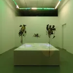 A gallery lit green, with sculptures centered around a low pedestal with a projection on it.