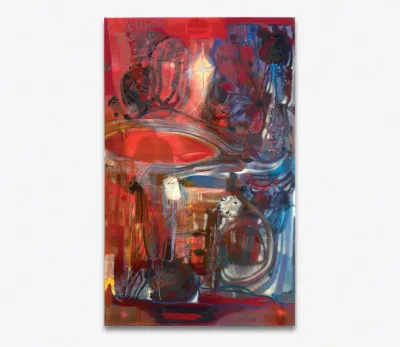 an abstract painting that is mostly red with blues, blacks, and more.