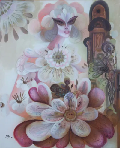 A painting of a woman who appears to be made of flower.
