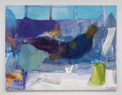 A washy painting of a Black man sleeping on a blue couch.