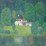 A stylized painting shows an inn on the shore of a lake, surrounded by trees, with the scene hazily reflected I the water