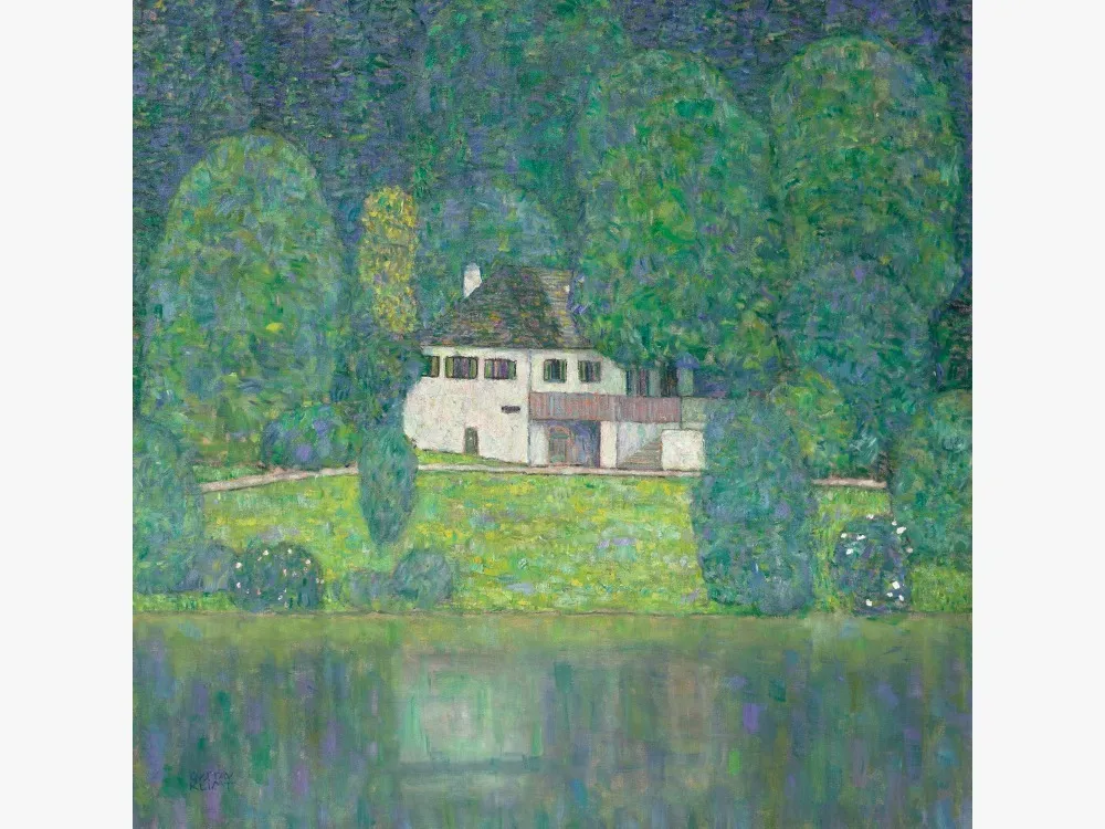 A stylized painting shows an inn on the shore of a lake, surrounded by trees, with the scene hazily reflected I the water