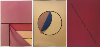 Composite image of three abstract works, the left two have part of the canvas folded over, while the third has a zipper down the middle. Left: mostly pinkish with exposed right corner of three colors; center: mostly ochre with blue in circle; right: magenta and black zipper.