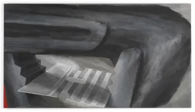 A gray-ish, blurry painting that is a detail of a clamp with a peak of red in the bottom left corner.