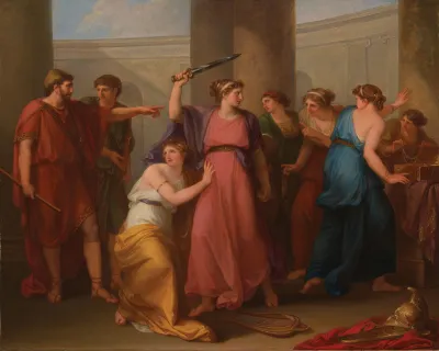 A painting showing a woman wielding a knife with onlookers being distressed.