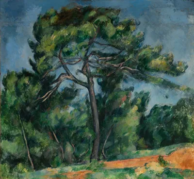 A Cezanne painting of a tree that dramatically sways in the wind. 