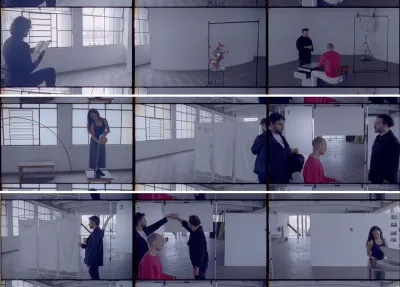 Composite image of three sets of stills from a three-channel video of people rehearsing for something.