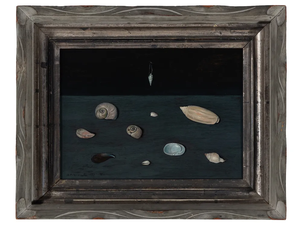 A painting of shells on a table.