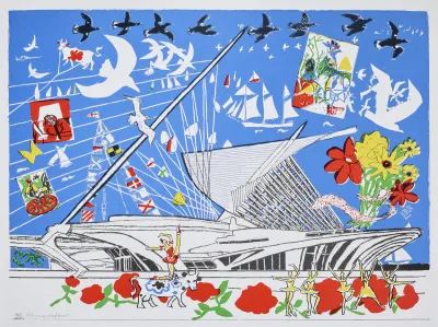 A lithograph showing the white-ship-like building surrounded by red flowers, sailboats, doves, dancers, and more.