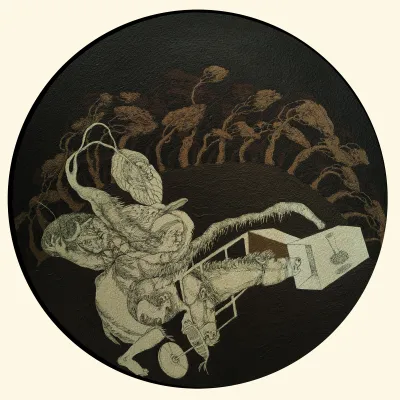 A tondo painting showing plantlife-humanoid figures in a black-and-brown landscape.
