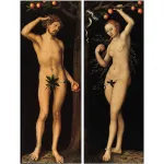 Diptych painting showing Adam and Eve mostly nude, covered by fig leafs with the tree of knowledge and its fruit above and behind them. The snake appears in the Eve panel.