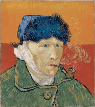 A self-portrait of van Gogh with a bandaged ear, blue hat, and green jacket smoking a pipe against an orange and red background. 
