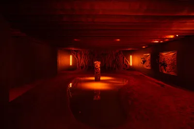 A dark gallery that had sand and river with sculptures and other artworks.