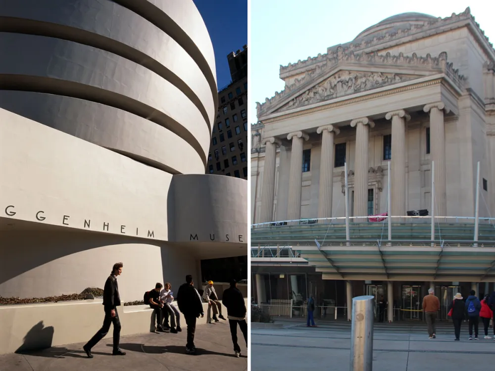 Composite image showing the exteriors of the Guggenheim Museum and the Brooklyn Museum.