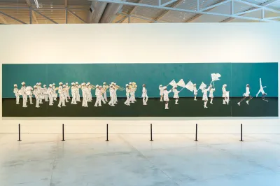 A large-scale painting of people in all white in a marching band.