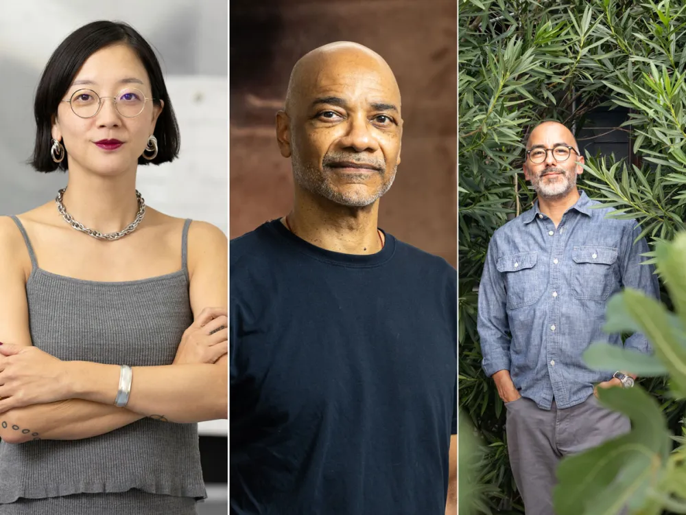Composite image showing portraits of Christine Sun Kim, Rodney McMillian, and Vincent Valdez.