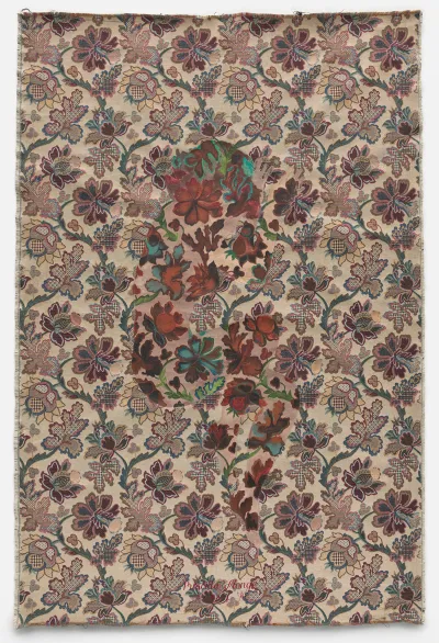 A painting of a William Morris wallpaper-like floral pattern in which you can vaguely see a figure in the fetal position.